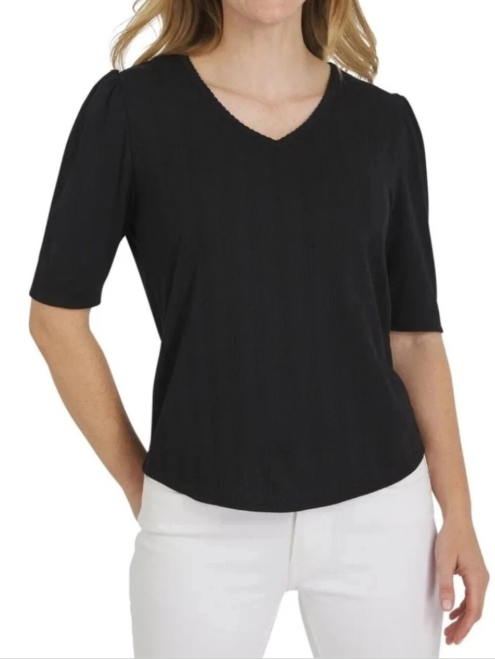 Lands End Women's V-neck Black Pointelle Elbow Sleeve Top